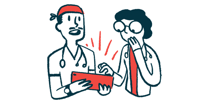 NMOSD relapses common/Neuromyelitis News/illustration of two doctors looking shocked at a tablet