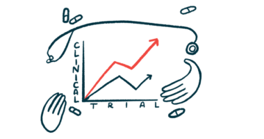 A line graph labeled clinical trial is shown with medical equipment and medicine.