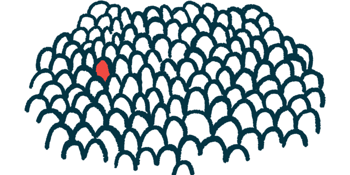An illustration of a mass of people, heads all outlined in black and white, except for one outlined in red.
