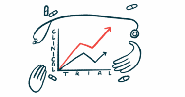 A line graph labeled clinical trial is framed by a pair of hands, a stethoscope, and a handful of pills.