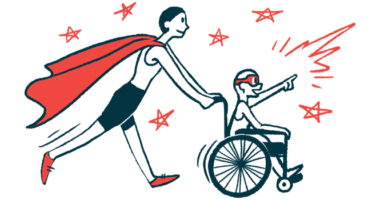 An illustration of a child in a wheelchair being pushed by an adult wearing a cape.