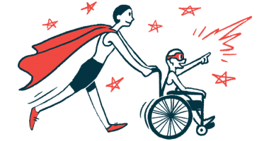 An illustration of a child in a wheelchair being pushed by an adult wearing a cape.