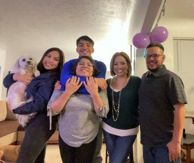 Courage to Cared | Neuromyelitis News | Candice's family celebrates Bella's 13th birthday. From left, Estrella and the family dog, Bronco, Elijah, Bella, Candice, and Eli. 