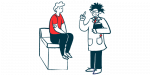 A doctor talks to a patient who is sitting on an examination table.