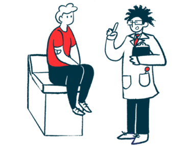 A doctor gestures with one hand while talking to a patient who is sitting on an examination table.
