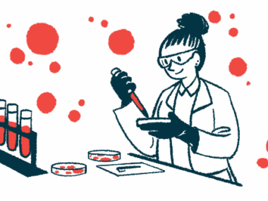 A scientist wearing safety goggles works with petri dishes and vials in a lab alongside a rack of filled vials.