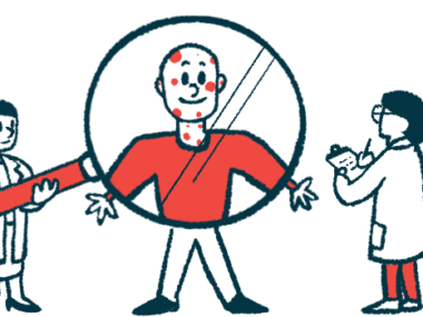This illustration shows a person under a magnifying glass, and flanked by two healthcare workers.