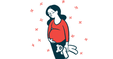 An illustration shows a pregnant woman touching her stomach with one hand and holding a teddy bear in the other.