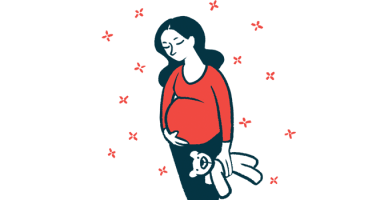An illustration shows a pregnant woman touching her stomach with one hand and holding a teddy bear in the other.