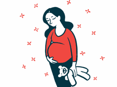 An illustration shows a pregnant woman touching her stomach with one hand and holding a teddy bear in the other.