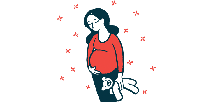 An illustration shows a pregnant woman touching her stomach with one hand and holding a teddy bear in the other.