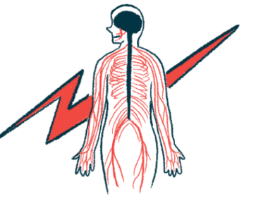 A person's nerves and spine are seen from behind against the backdrop of a giant lightning bolt.