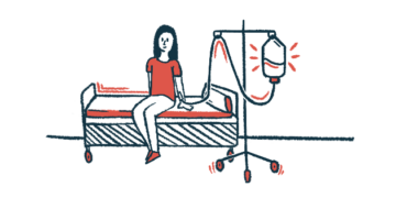 An illustration shows a patient sitting on a bed while undergoing an intravenous infusion.