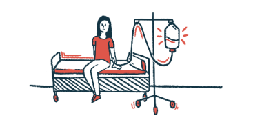 An illustration shows a patient sitting on a bed while undergoing an intravenous infusion.