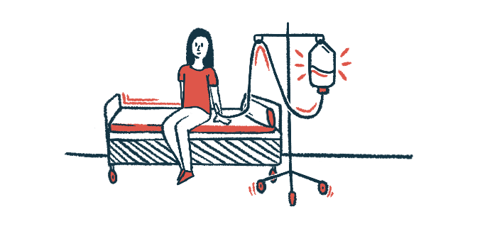 An illustration shows a patient sitting on a bed while undergoing an intravenous infusion.