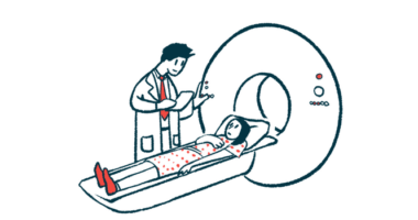 An illustration shows a medical professional standing beside a patient beginning an MRI scan.