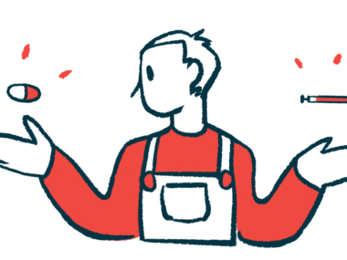 A person wearing overalls weighs two medicine choices, with an oral medication seen above one hand and a syringe above the other.
