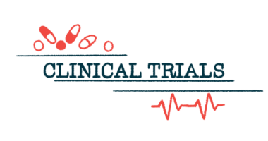 The words 'clinical trials' are seen in all capital letters, with a handful of pills at the upper left-hand corner and a heart rate graph at the bottom-right corner.