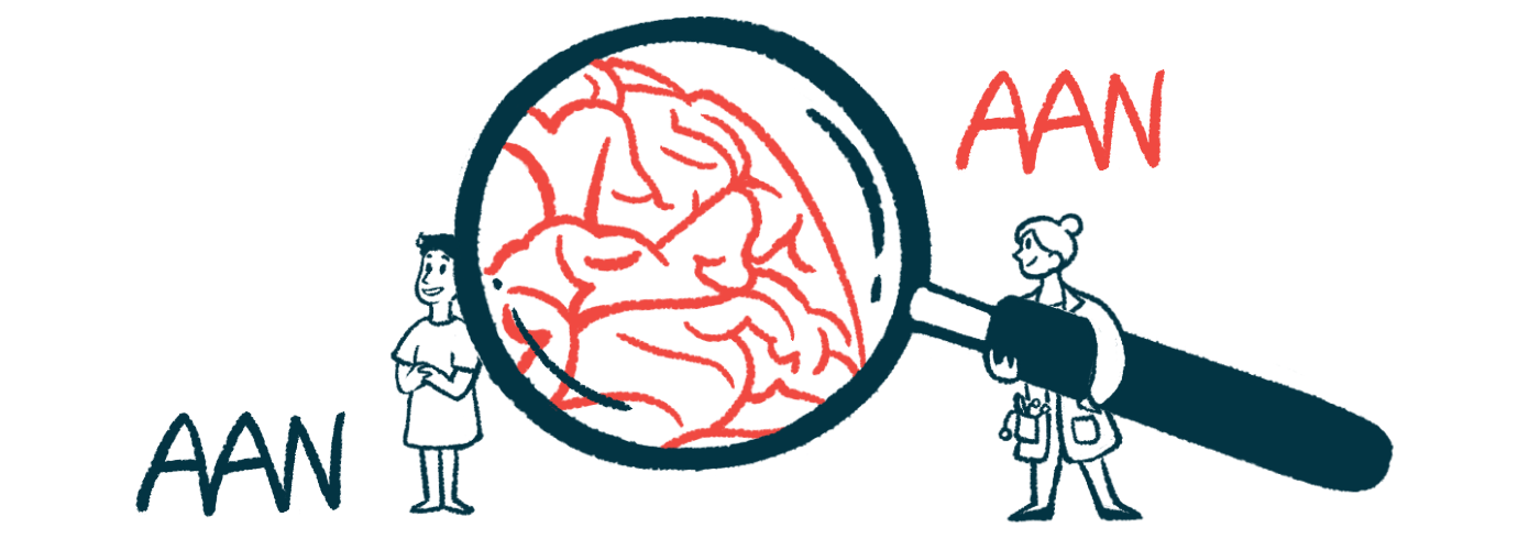 A doctor holds up a magnifying glass to a person's brain, while AAN is shown on both sides of the people.