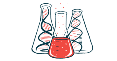 A bottle half-filled with a red liquid is seen in front of two other bottles each holding a strand of DNA.