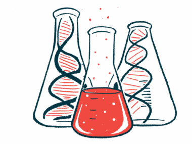 A bottle half-filled with a red liquid is seen in front of two other bottles each holding a strand of DNA.