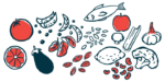 An illustration of a varied diet shows foods including fish, fruits and vegetables, and seeds.