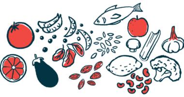 An illustration of a varied diet shows foods including fish, fruits and vegetables, and seeds.