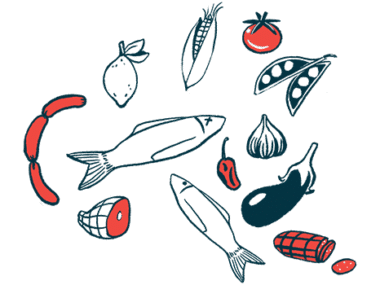 An illustration of food including fish, tomatoes, eggplants, peas, and ham floating in the air.