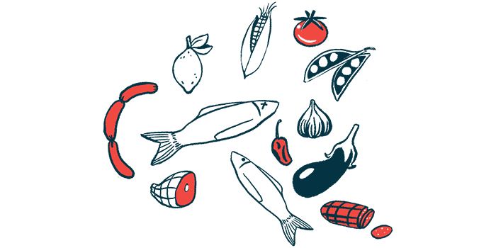 An illustration of food including fish, tomatoes, eggplants, peas, and ham floating in the air.