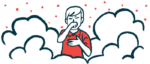 A person holds their hand over their face, coughing amid fog and dirty air.