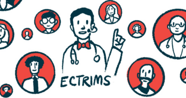 An illustration to accompany a series of ECTRIMS 2023 stories, shows a grouping of physicians and scientists.