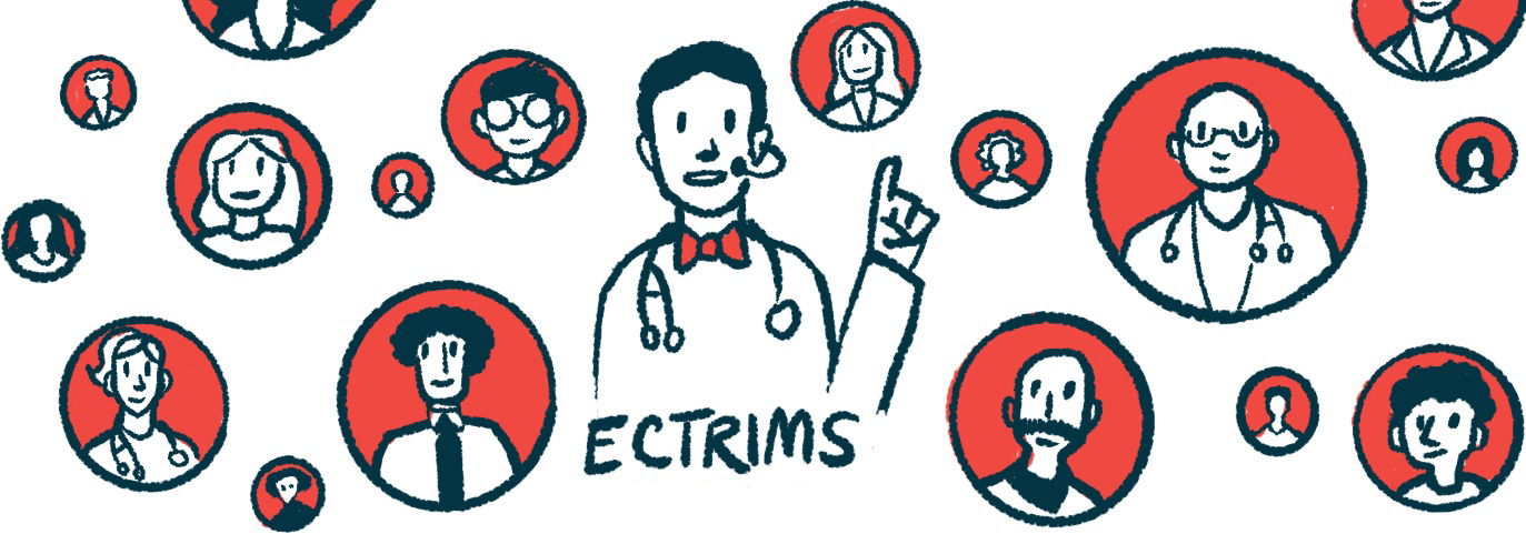 An illustration to accompany a series of ECTRIMS 2023 stories, shows a grouping of physicians and scientists.