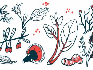 Leaves, a mushroom, and a ginger root are shown.