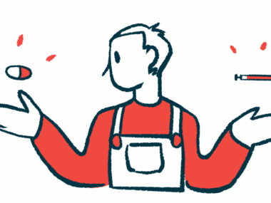 A person balances a pill in one hand and a syringe in the other.