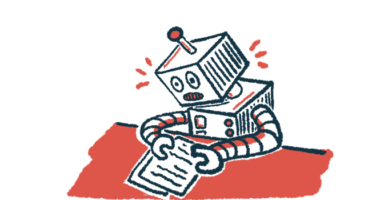 A robot intently reads pages on a desk in this illustration of robot learning.