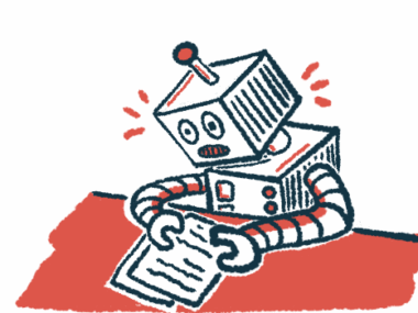 A robot intently reads pages on a desk in this illustration of robot learning.