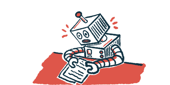 A robot intently reads pages on a desk in this illustration of robot learning.