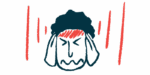 A person in pain clutches his head as red lines radiate outward and on his forehead.