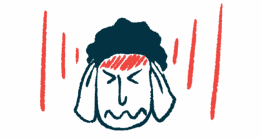 A person in pain clutches his head as red lines radiate outward and on his forehead.