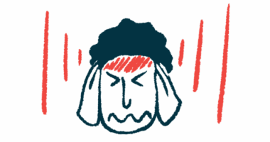 A person in pain clutches his head as red lines radiate outward and on his forehead.