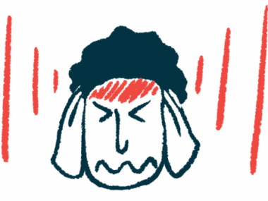 A person in pain clutches his head as red lines radiate outward and on his forehead.