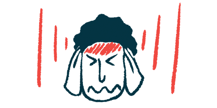 A person in pain clutches his head as red lines radiate outward and on his forehead.