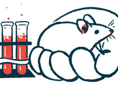An oversized human hand holds a mouse next to rack of test tubes in a lab.
