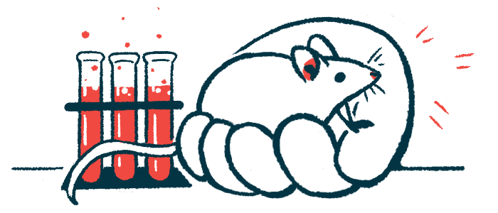 An oversized human hand holds a mouse next to rack of test tubes in a lab.