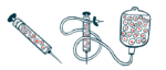 Two syringes and an intravenous bag are seen filled with stem cells.