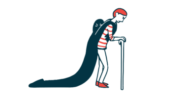 A large black shadow is seen clinging to the back of a person walking with the aid of a cane.
