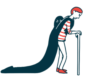 A large black shadow is seen clinging to the back of a person walking with the aid of a cane.