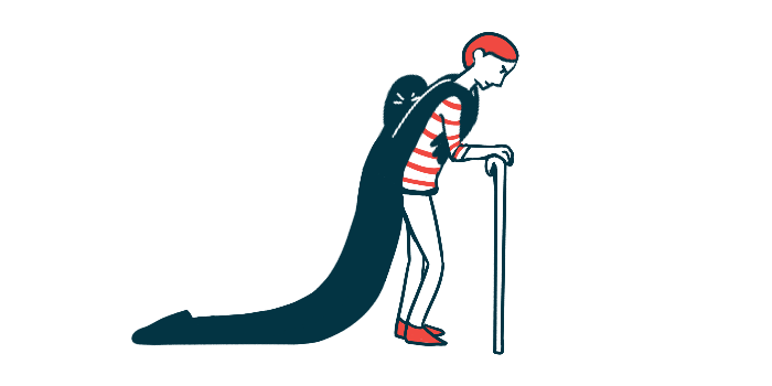 A large black shadow is seen clinging to the back of a person walking with the aid of a cane.